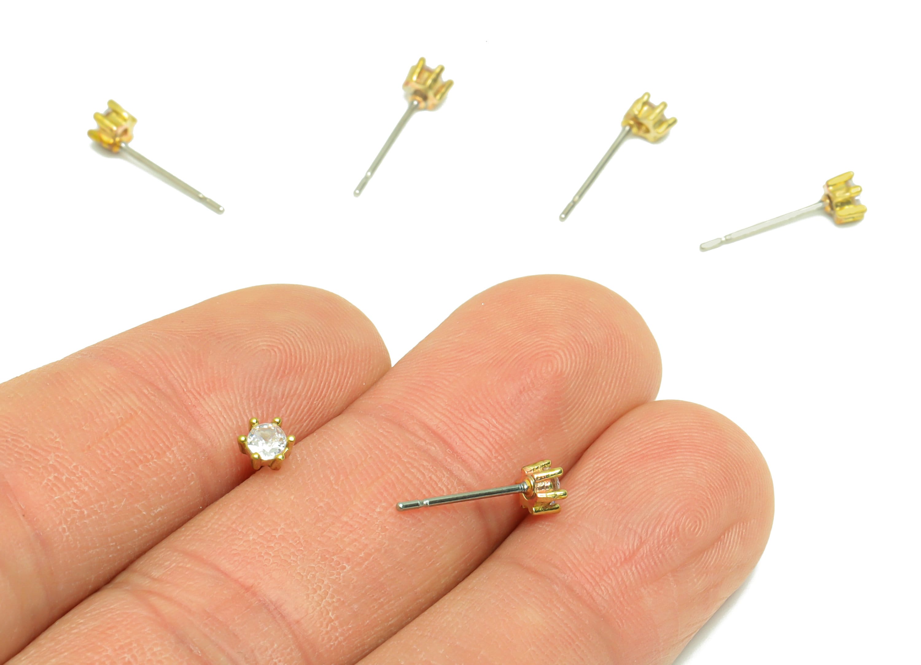 Brass Round Earring Post - Raw Brass Circle Zircon Earring Post - Brass Cubic Zircon Earring Post - Mini Zircon Post - 14x3x3.83mm -PP8976 - DOMEDBAZAAR