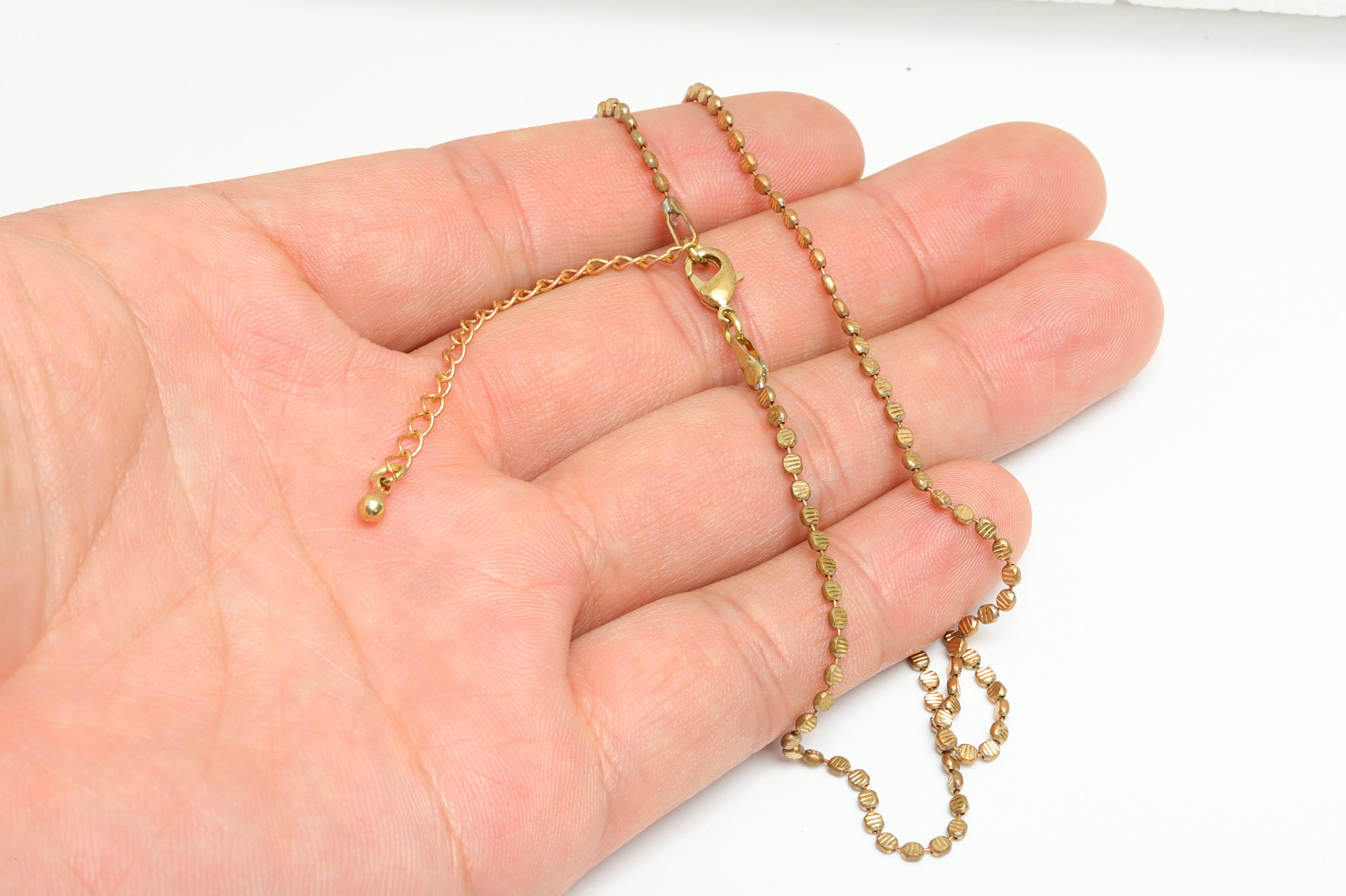 2mm Finished Textured Ball Chain - 43+5.5CM Beaded Chain Pellet - Flat Round Chain - Raw Brass Chain Finished - Flat Ball Necklace - CC1266 - DOMEDBAZAAR